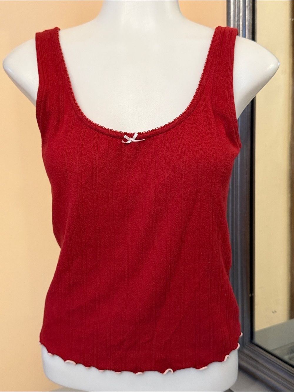 Abercrombie & Fitch Small Red Ribbed Scoop Tank with Bow Trim Lounge Collection